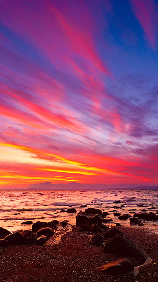 landscape photograph of sunset view of beach HD wallpaper