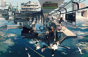female character black hair and black outfit, futuristic, cityscape, floating island