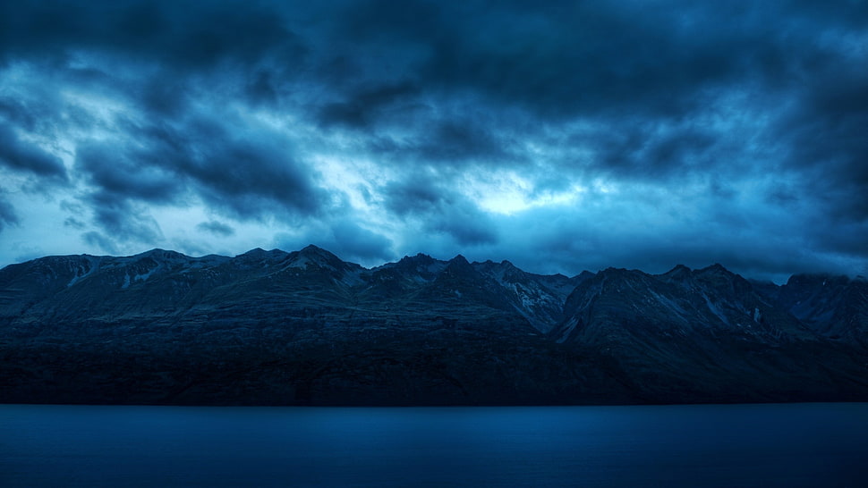 gray clouds, mountains, water, blue, photography HD wallpaper