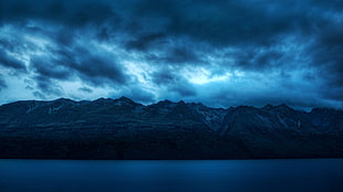 gray clouds, mountains, water, blue, photography
