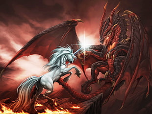 red dragon and white Unicorn illustration