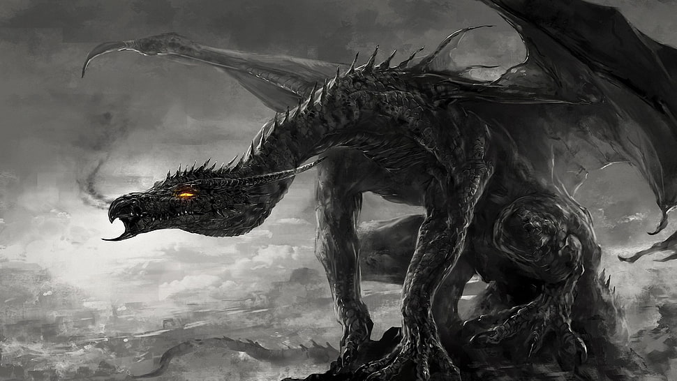 grey dragon digital wallpaper, artwork, dragon, fire, black HD wallpaper