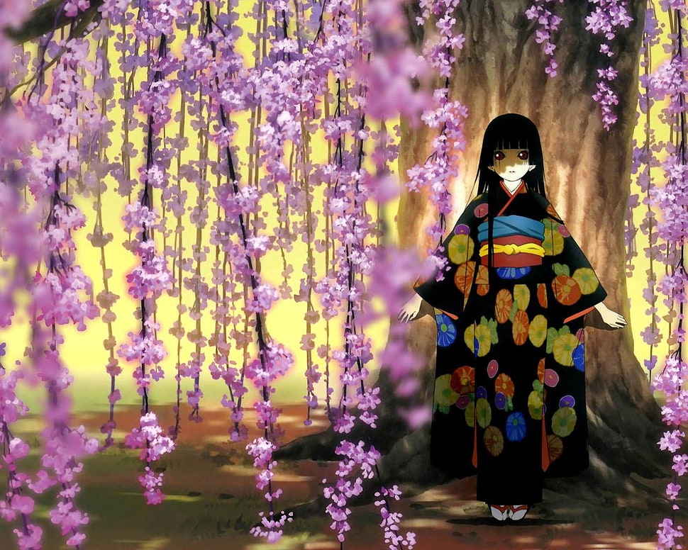 black haired girl surrounded by sakura flowers HD wallpaper