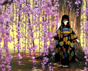 black haired girl surrounded by sakura flowers