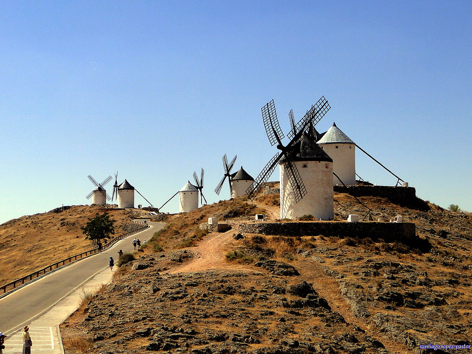 five white concrete windmills during daytime, consuegra HD wallpaper