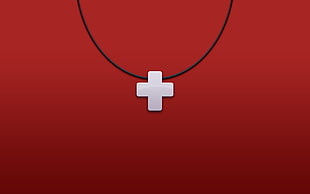 white cross pendant, digital art, red background, cross, simple background