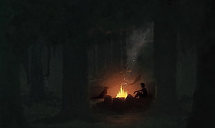 person sitting in front bonfire, fantasy art, dark HD wallpaper