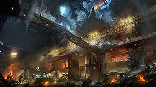 game cover, artwork, city, destruction, futuristic