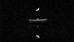 grayscale illustration of boat and quarter moon