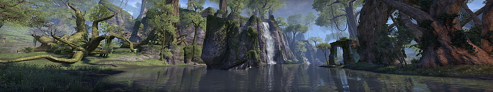 panorama landscape illustration, The Elder Scrolls Online, quadruple monitors, water, forest HD wallpaper