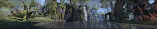 panorama landscape illustration, The Elder Scrolls Online, quadruple monitors, water, forest