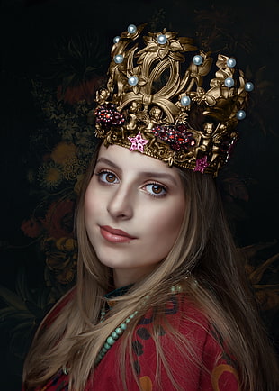 woman wearing red dress and gold crown