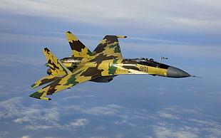 green, brown, and yellow jetfighter, aircraft, jets, Sukhoi Su-35, Sukhoi HD wallpaper