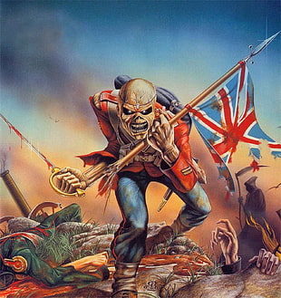 skull holding flag wallpaper, metal music, Eddie, flag, war