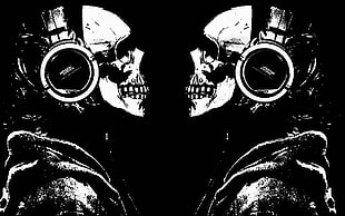 two human skeleton wearing headphones illustration, skull, headphones, artwork, monochrome