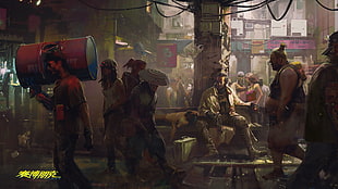 people walking on street animation screenshot, cyberpunk, Cyberpunk 2077, cyborg, video games HD wallpaper