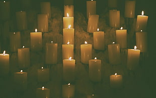 white candle lot, candles, lights