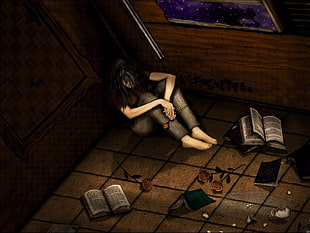 woman sitting on floor beside opened book near window digital wallpaper HD wallpaper
