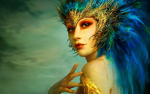 woman with blue feather head dress art