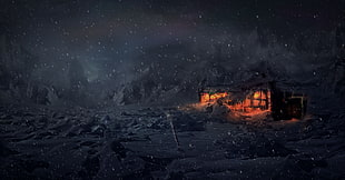 brown wooden house near rock formation illustration, artwork, digital art, render