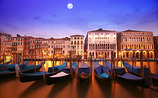 wide photography of several boats near bodies of water and mid-rise buildings background in nighttime