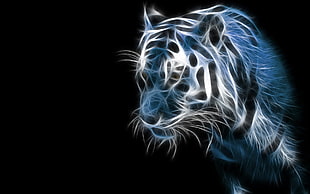 white tiger graphics 3D wallpaper, Fractalius, tiger, animals, blue