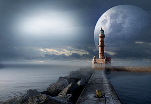 landscape photo of light house between body of water HD wallpaper