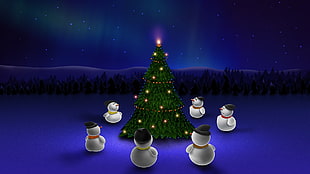 six snowman looking up infront Christmas tree