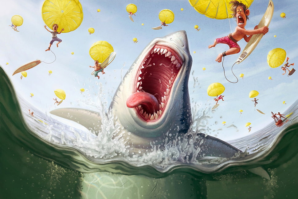 shark, parachutes, people, sea HD wallpaper