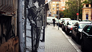 grayscale photo of soldier poster, war, street, soldier, split view