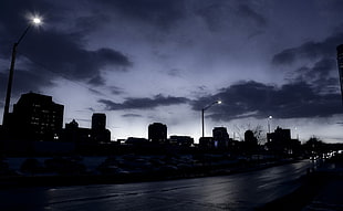 silhouette of concrete buildings, photography, city, urban, dusk