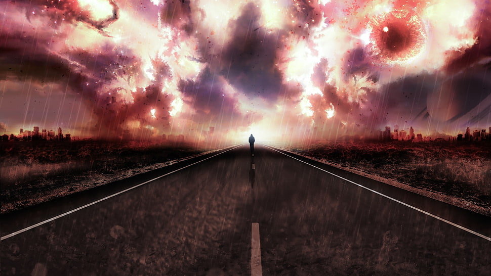 gray concrete road, city, walking, planet, explosion HD wallpaper