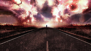 gray concrete road, city, walking, planet, explosion