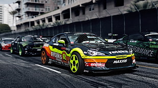 black and yellow stock car, drift, racing, Scion, Scion FR-S