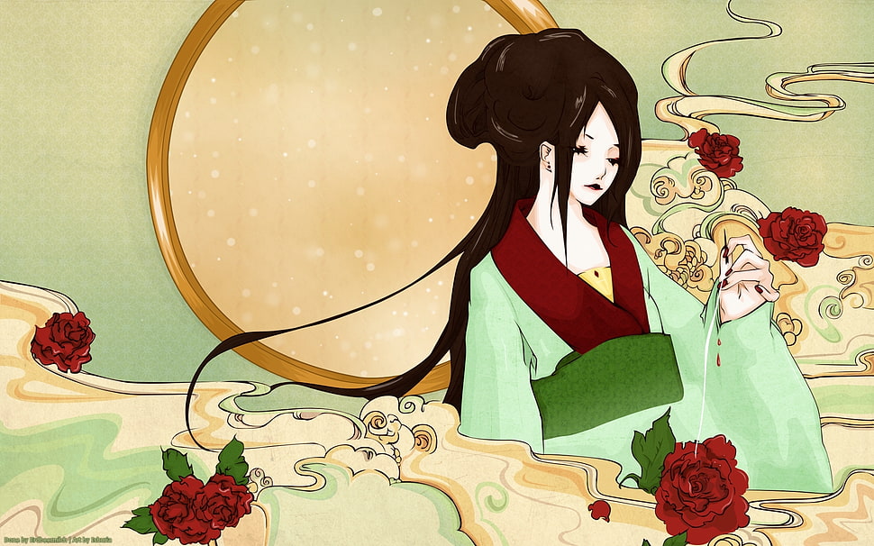 geisha in green kimono holding red roses illustration HD wallpaper