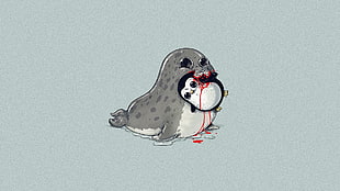 gray seal eating penguin cartoon, animals, minimalism