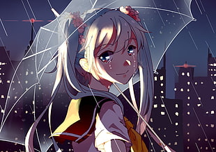 white and black corded headphones, cityscape, Vocaloid, Hatsune Miku, crying