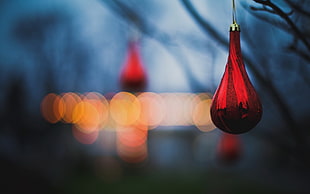 closeup photography of gourd shaped red ornament