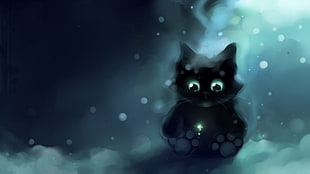 black kitten digital wallpaper, cat, Apofiss, bubbles, artwork