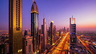 black and brown high-rise building, Dubai, city, building, city lights HD wallpaper