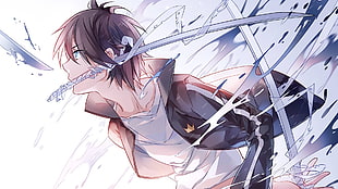 black haired man illustration, black hair, blades, men, Yato (Noragami) HD wallpaper