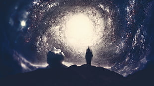 silhouette of person on mountain poster, science fiction, space, universe, alone