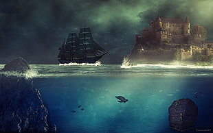 black sailboat near castle digital wallpaper, castle, sea, ship