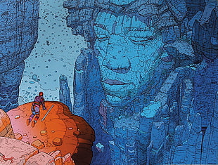 person kneeling on cliff digital illustration, Mœbius