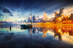 white boat on sea 3D wallpaper, sea, clouds, boat, reflection
