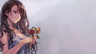 simple background, anime girls, flowers, purple eyes HD wallpaper