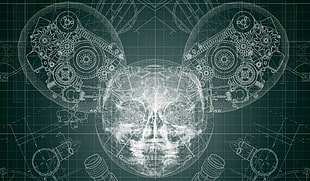 white and green mechanical illustration, deadmau5, skull, gears, helmet HD wallpaper