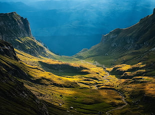 green grass mountain, valley, mountains, sun rays, grass HD wallpaper