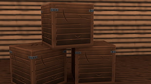 several brown steel boxes, render, crate, depth of field, Blender HD wallpaper