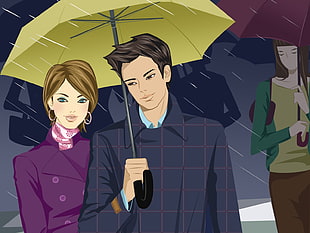 man in blue and red collared shirt using umbrella beside woman